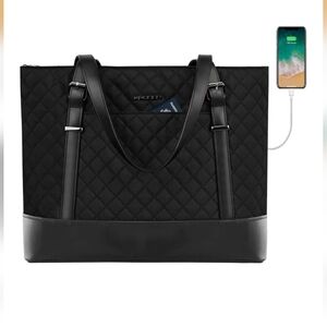 Black Quilted Tote Bag with USB Charging Port